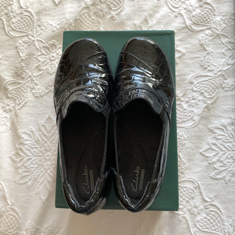 Clarks patent leather wedge